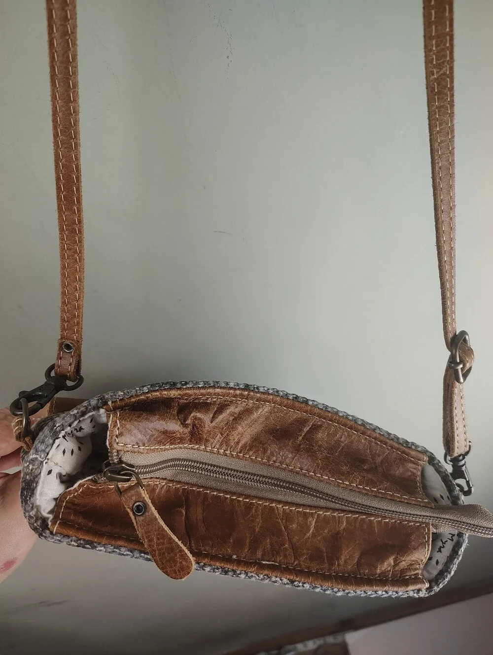 Myra Feelgood Factor Leather Woven Zebra Print Western Crossbody Bag